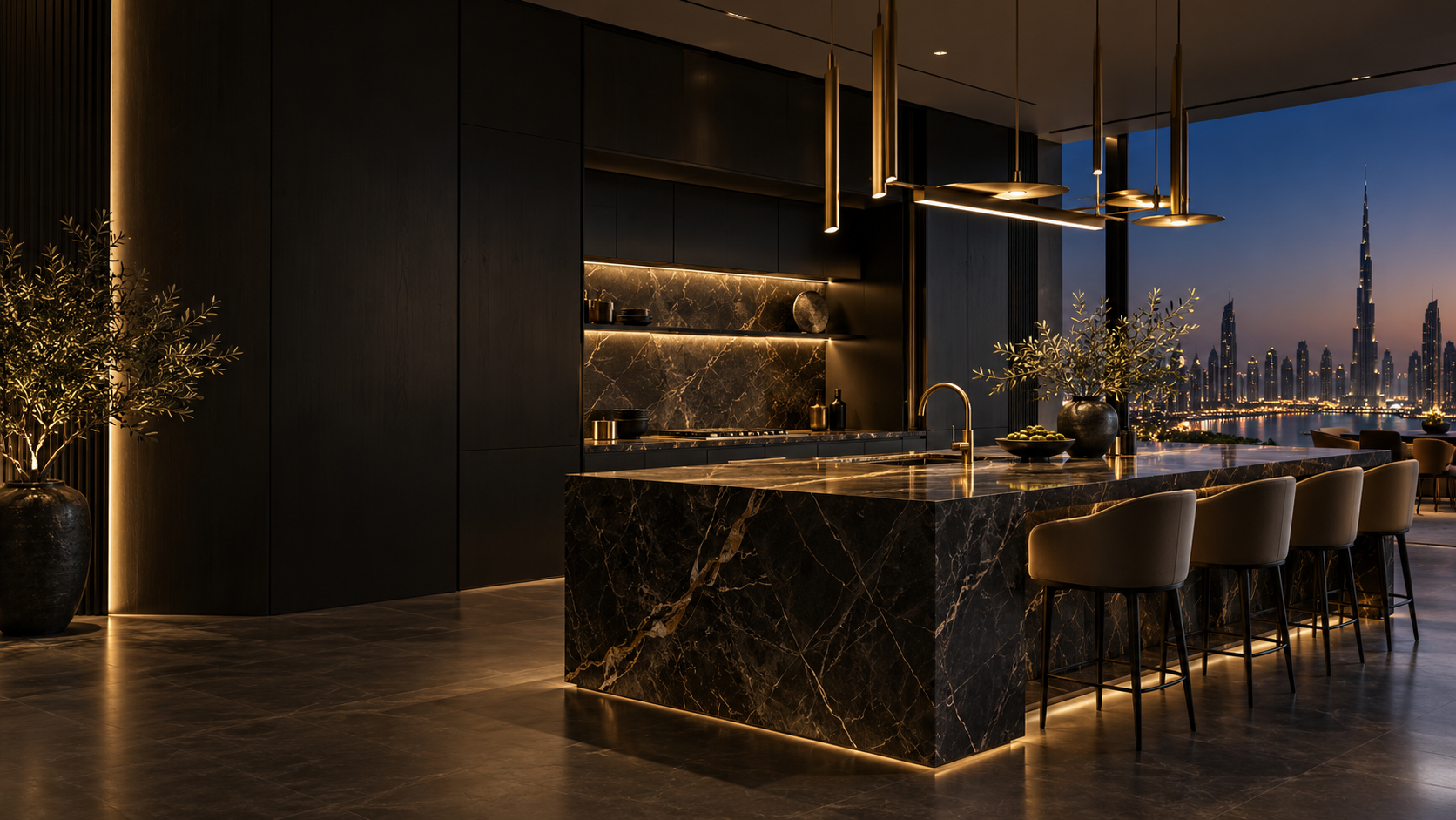 A warm, refined villa kitchen prepared for service